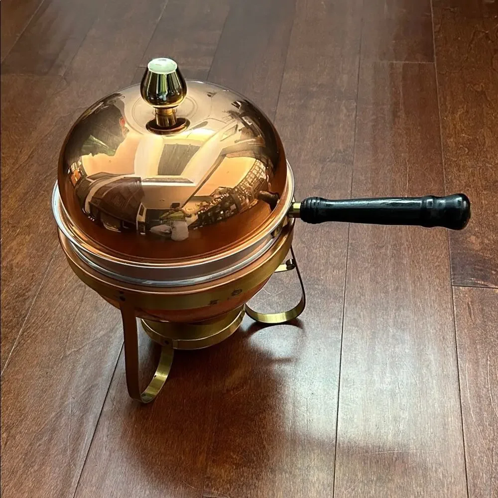 Vintage Copper and Brass Chafing Dish with Black Wooden Handle